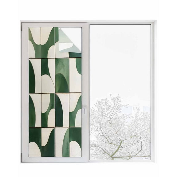 Window Privacy Film Green Geometric Stained Glass Window Film Decorative Sun Block Window Cover Retro Abstract Modern Minimalist Window Clings Static Adhesive Sticker for Bathroom 23.6"x59"