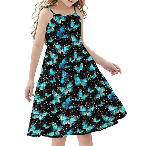 FamilyThread FamilyThread Girls Casual Butterfly Print Sleeveless Dresses Spaghetti Strap Summer Swing Twirly Sundress A-Line Dress For 4-14Y