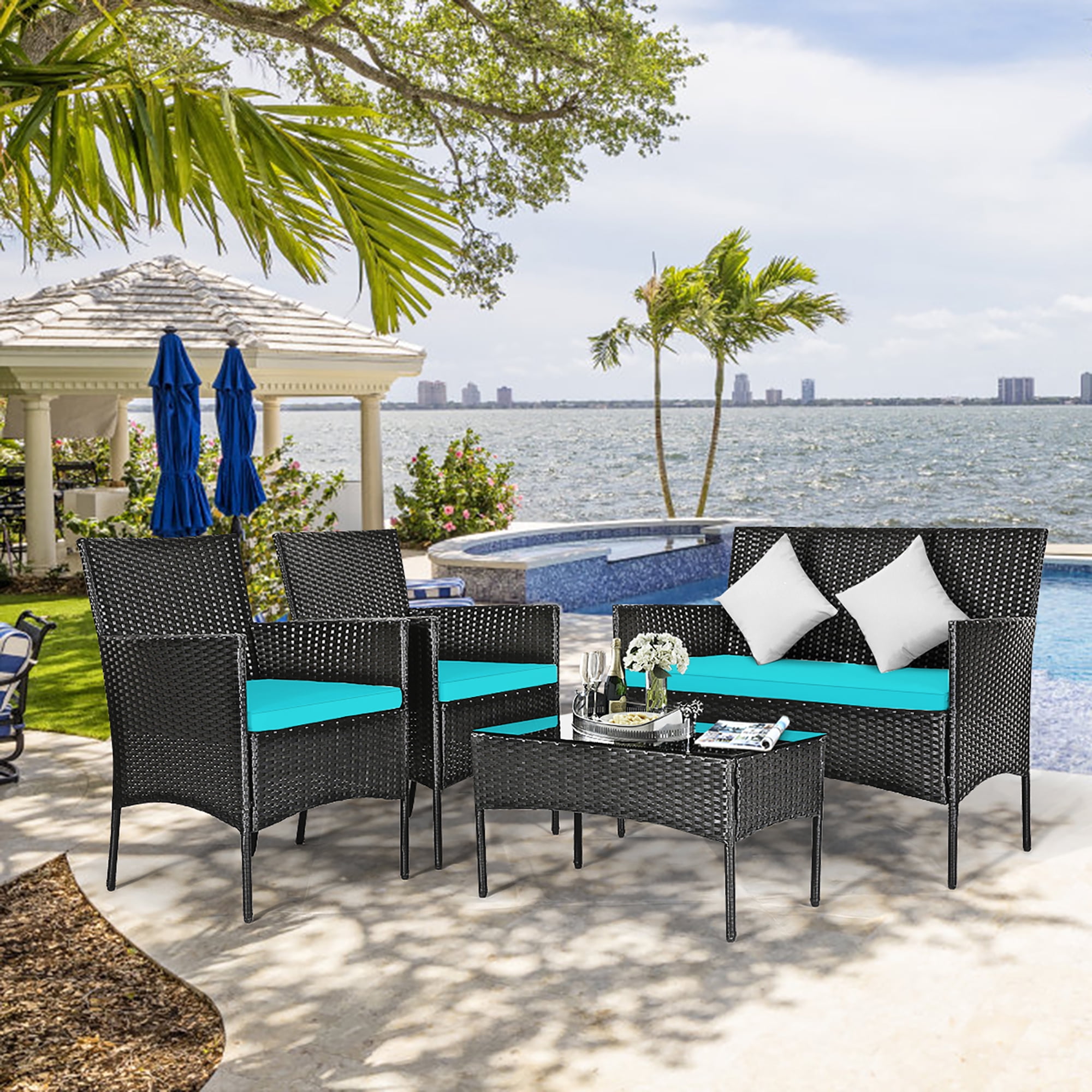 Costway 4PCS Patio Rattan Furniture Set Cushioned Sofa Coffee Table Backyard Turquoise