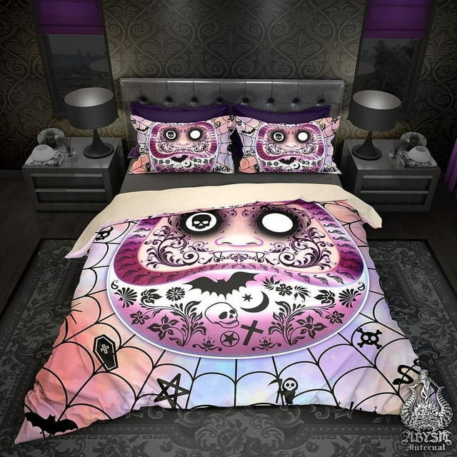 Whimsigoth Bedding Set, Comforter or Duvet, Funny Daruma, Japanese Pastel Goth