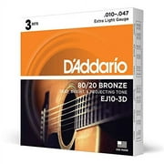D'Addario EJ10-3D Bronze Acoustic Guitar Strings, 10-47, 3 Sets, Extra Light