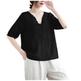 thumbnail image 2 of WREESH Women's Henley Shirts Solid Color Cotton and Linen with Embroidery Detail Short Sleeve V-Neck Top Black, 2 of 5