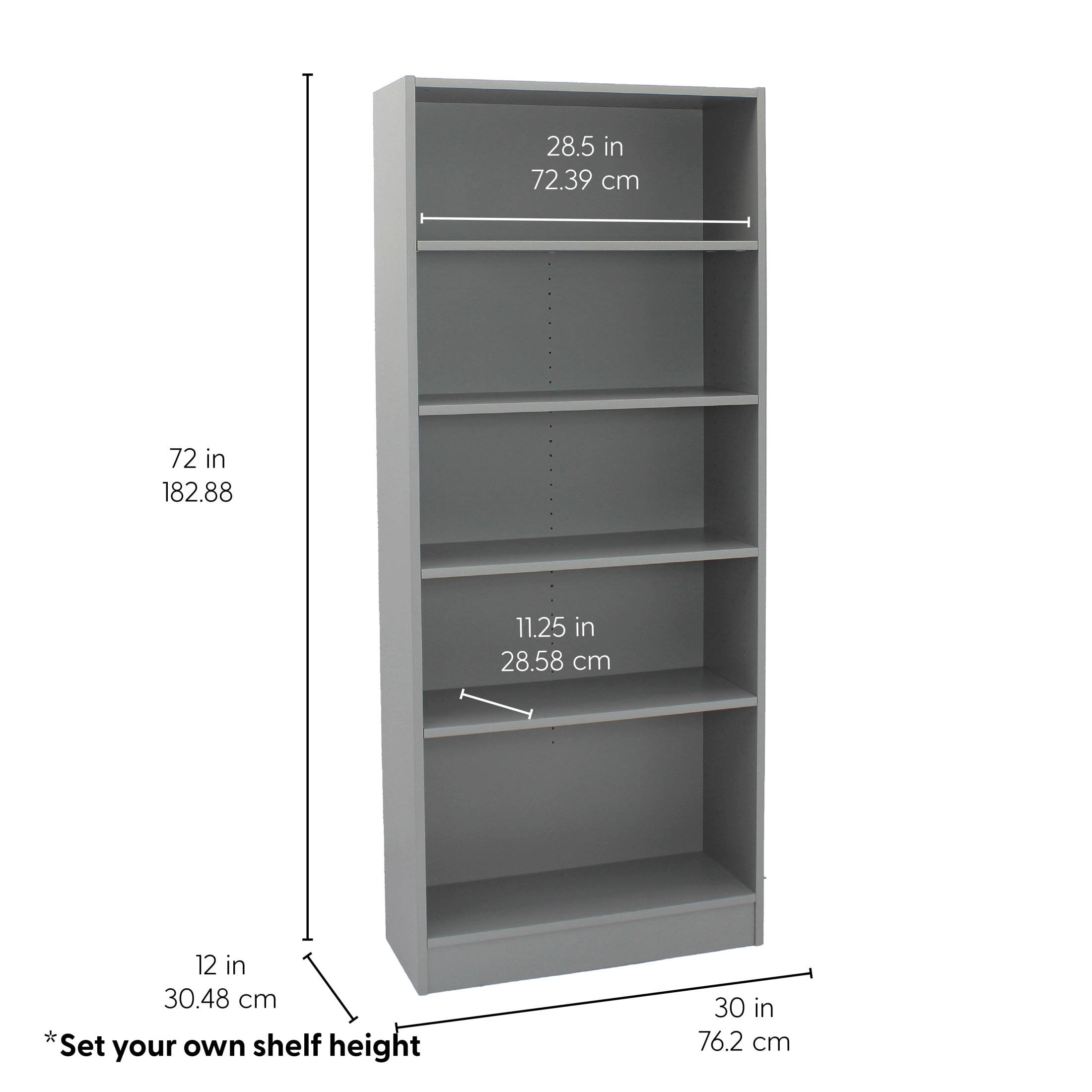 Factory Direct Partners All Ages Laminate Bookcase 5-Shelf 72" Height - Gray