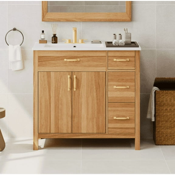 Euroco 36" Wood Bathroom Vanity with Solid Wood Frame, 2 Soft Close Doors, 3 Soft Close Drawers, Adjustable Shelf, Modern Storage Cabinet for Small Bathrooms