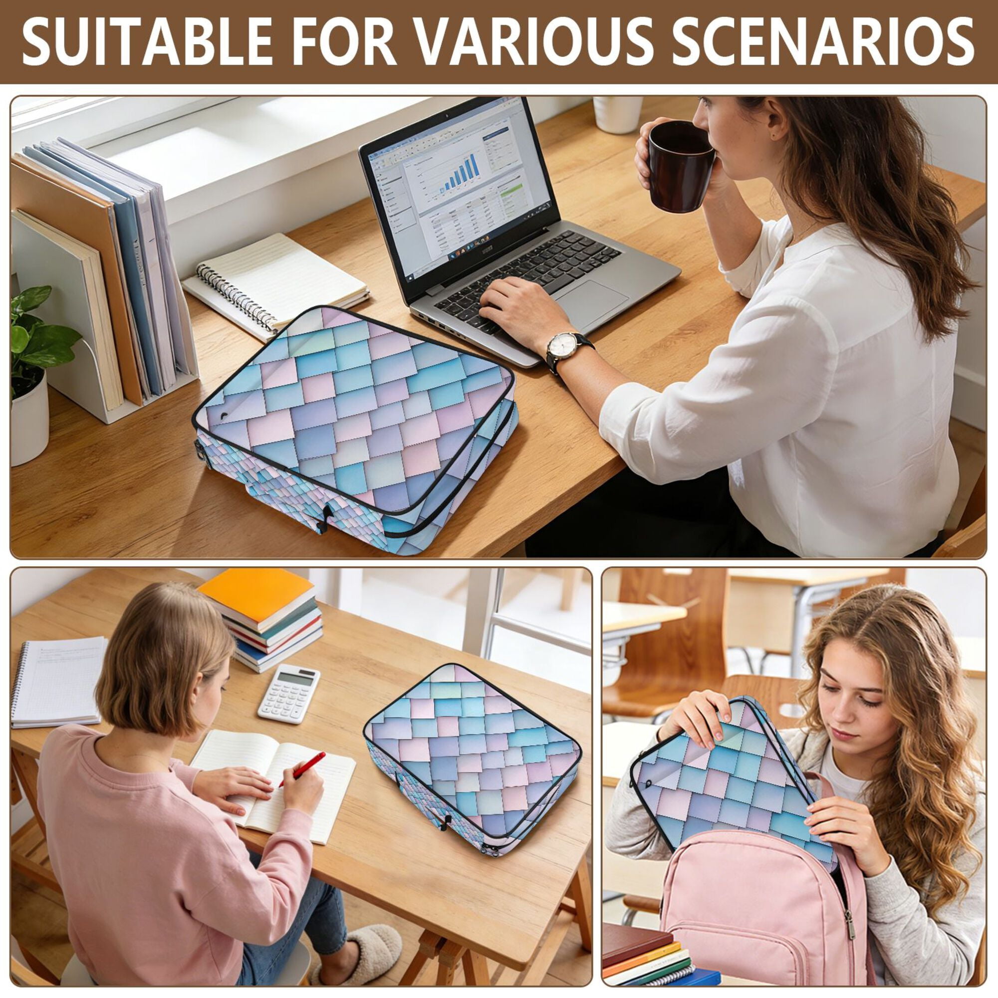 FORMRS Accordion File Folder A4 Size 7-Pocket Expanding Document Organizer Bag with 3 Ring Binder, Purple Art Pattern