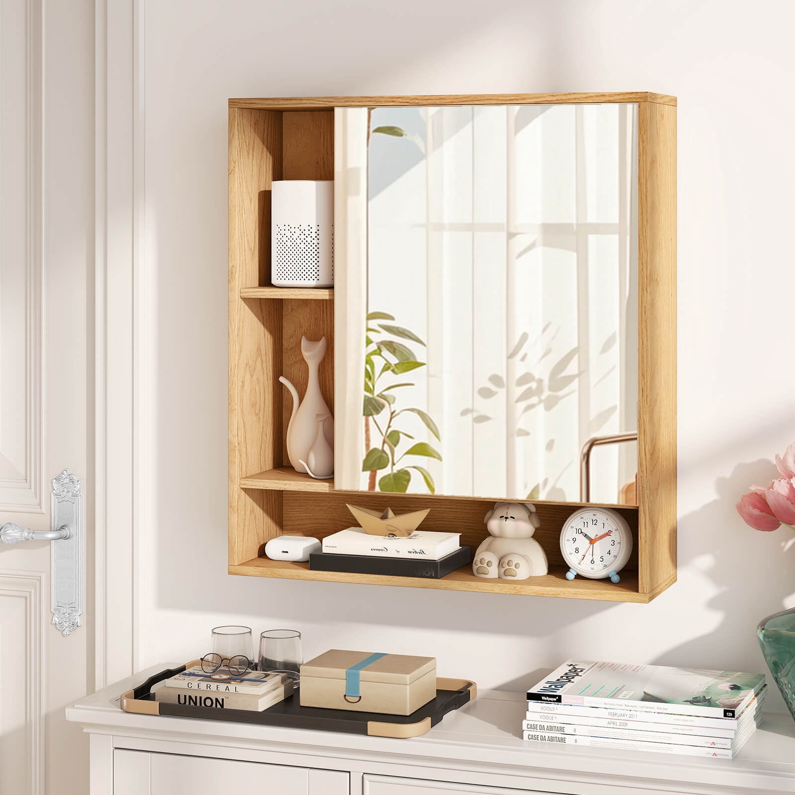 Costway Bathroom Wall Cabinet with Mirror, Single Door, 3 Open Shelves & Adjustable Shelf Natural