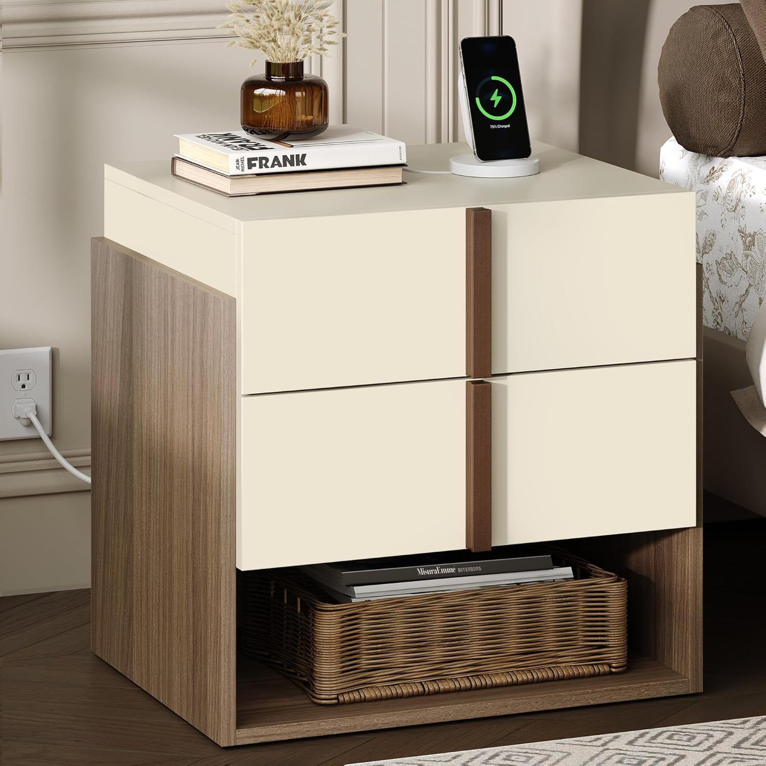 Modern Nightstand with Charging Station, 20" MCM Bedside Table with 2 Drawers & Open Storage Shelf, End Table with USB Ports and Power Outlets for Bedroom, Living Room, Cream White & Walnut