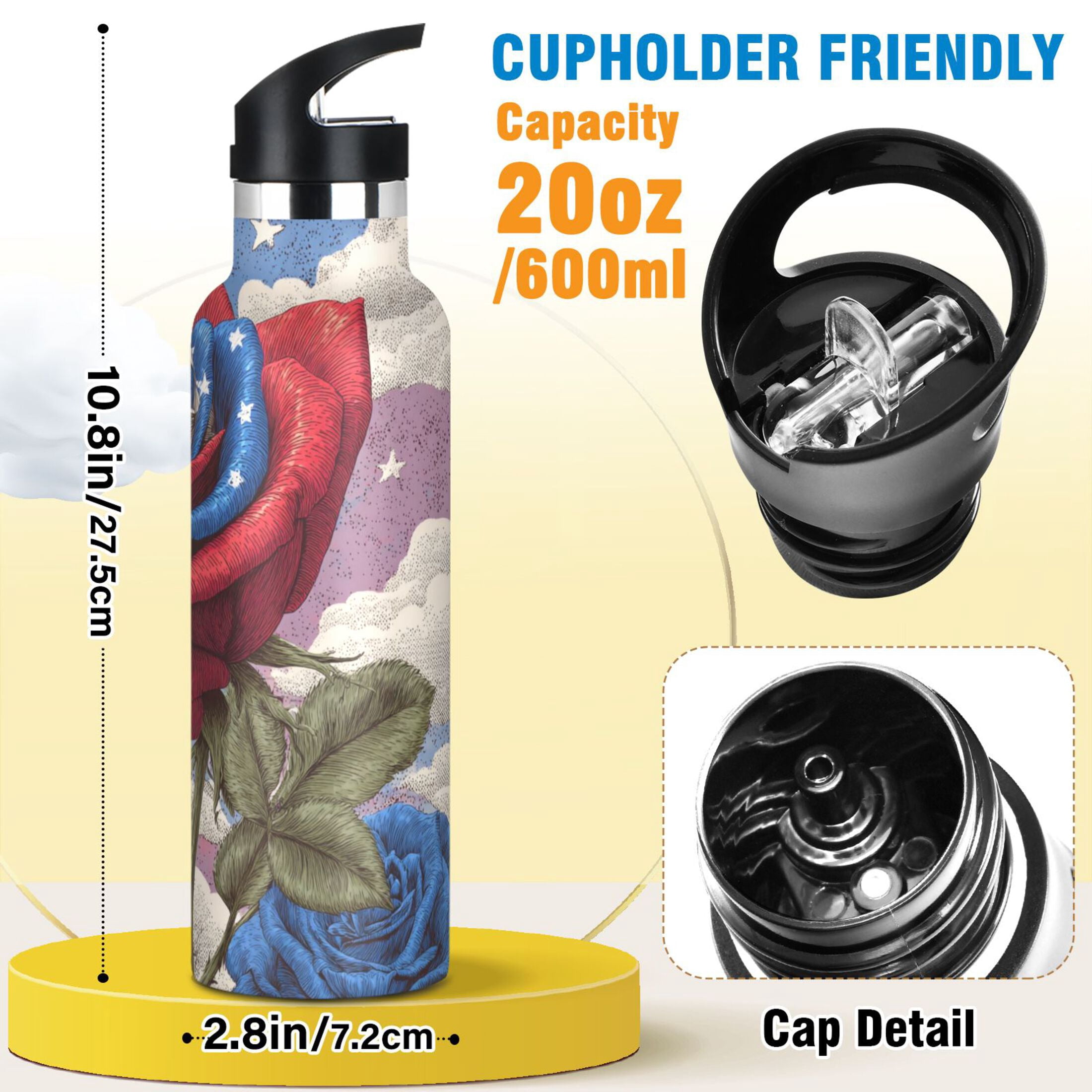 Kids Insulated Stainless Steel Sports Water Bottle 600ml (20oz) Roses and Clouds