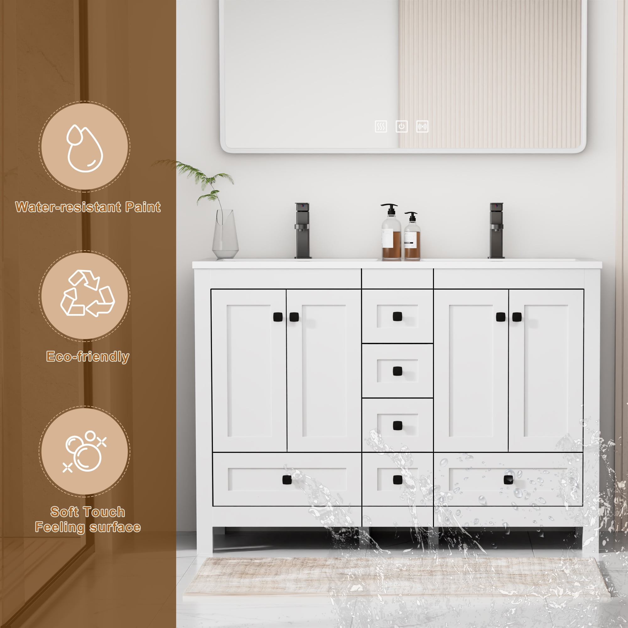 Eclife 48" Freestanding Bathroom Vanity Set with Resin Double Sink Top, PU Paint, Water Saving Faucet, White