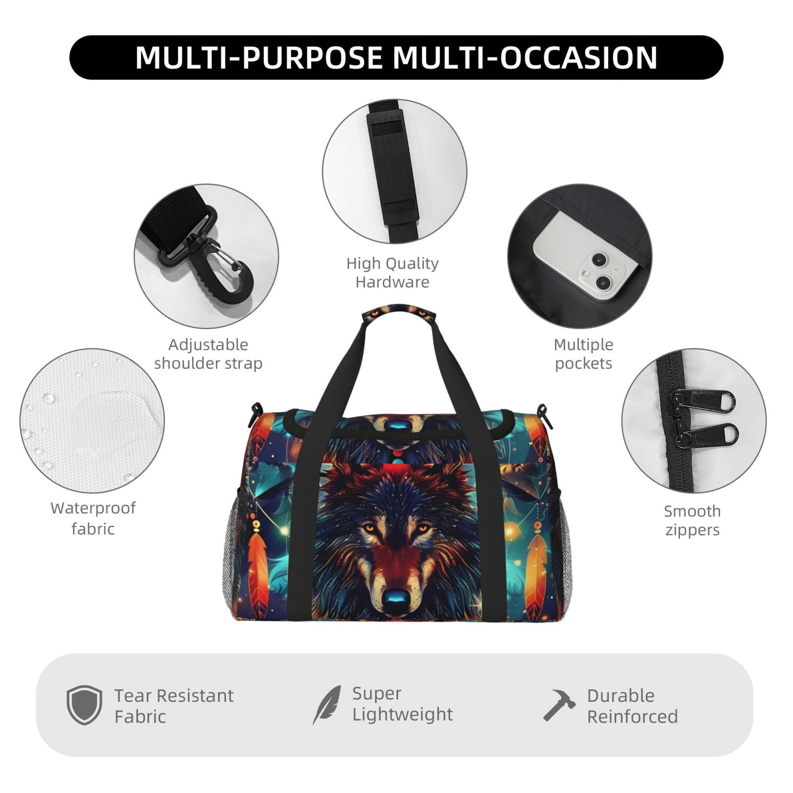 Fuzoiu Mystic Wolf Dreamcatcher Print Travel Duffle Bag,Carry On Tote Bags,Duffel Bag,Sport Gym Bag, Hospital Bag for Labor and Delivery, Overnight Bag,Luggage Bag