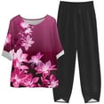 thumbnail image 2 of DDAPJ pyju Womens Cotton Linen 2 Piece Outfits Dressy Floral Print Half Sleeve Blouse Tops with Elastic Waist Capri Pants Suits Plus Size Lounge Matching Set Hot Pink XXL, 2 of 6