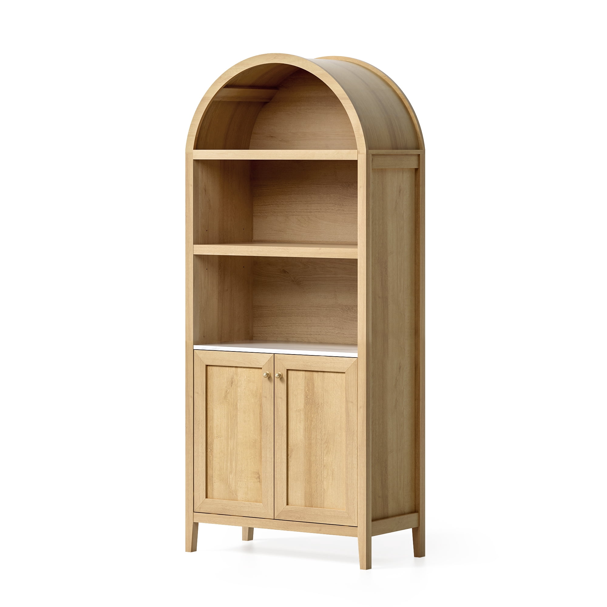 EYYTHUNG 71" Tall Arched Cabinet Modern Farmhouse 5-Tier Arched Bookcase Storage Display Cabinet with Faux Marble Top, Natural Oak