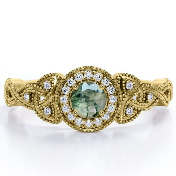JeenMata Anillo Compromiso Art Déco 0,58 ct Ágata Verde Musgo Corte Redondo y Halo Milgrain Moissanita en Baño Oro Amarillo 18K sobre Plata