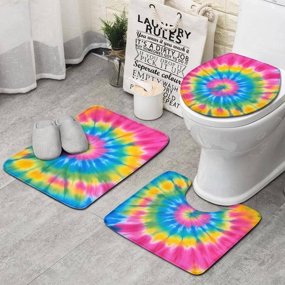 Rainbow Tie Dye Mandala Pattern Bathroom Rugs Sets 3 Piece,Toilet Cover Set,Absorbent Non Slip Bathroom Mats Sets with U-Shaped Contour Rug Toilet Rug Set