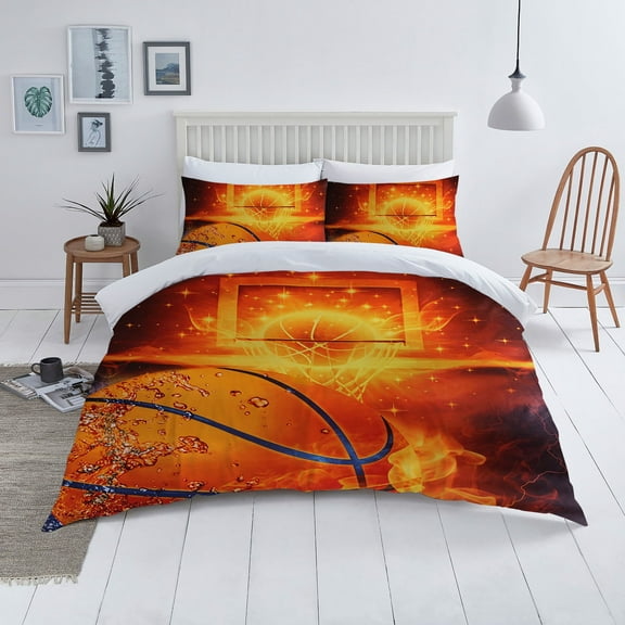 Home Bed Sets Creative Fire Luxury 3D Basketball Printed Boy Man Duvet Cover Set,California King(98"x104")