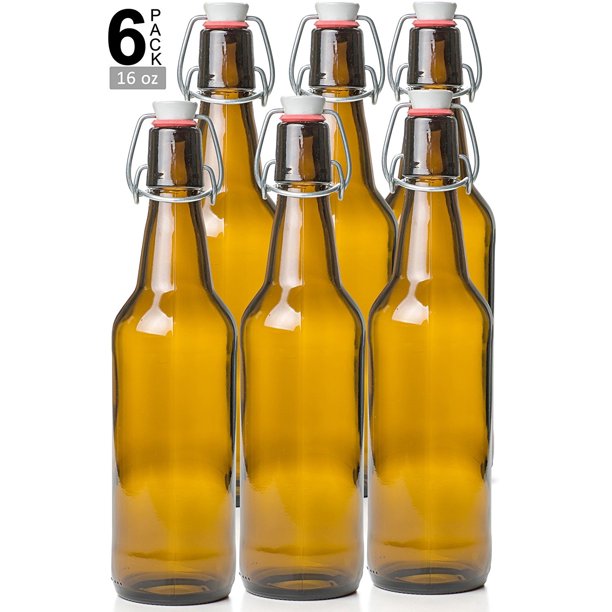 Estilo Swing Top Easy Cap Glass Beer Bottles (Amber, 16 oz, Set of 6
