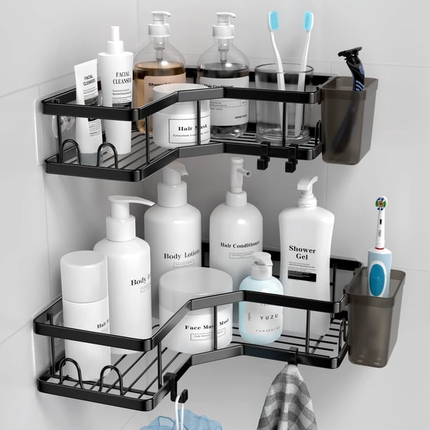 Corner Shower Caddy, 2 Pack Adhesive Shower Corner Organizer Shelves, No Drilling Stainless Steel Shower Storage Rack with Hooks&Toothpaste Holder for Bathroom Kitchen (for 90° Corners Only)