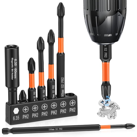 Tmwefusc 7Pcs Cross Head Screwdriver Bit Chromium Molybdenum Steel 1/4 Inch Hex Shank Magnetic Impact Driver Bit for Screw Power Drill Tight Space