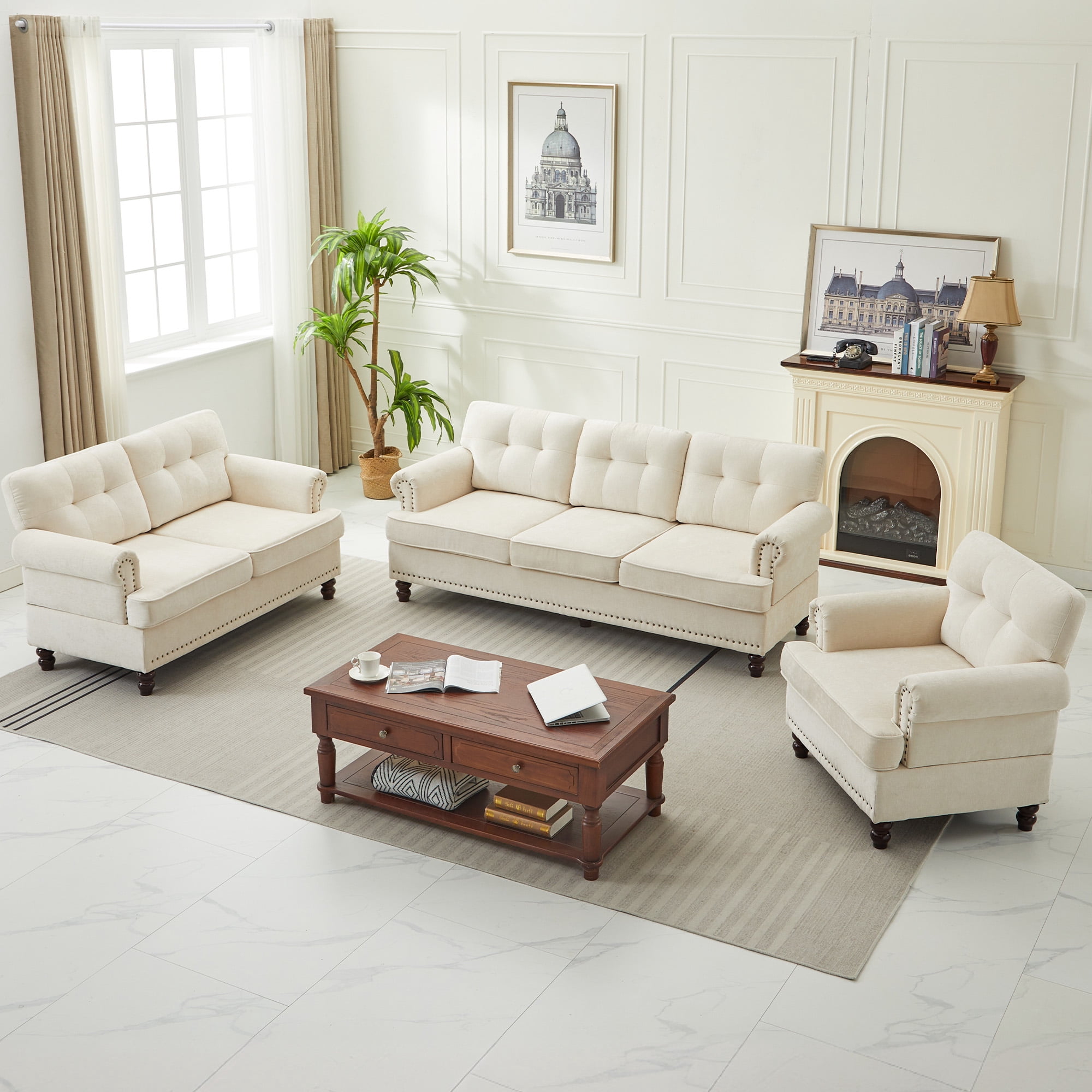 JUSTLET 3 Piece Living Room Sofa Set, Chenille Upholstered Sectional Sofa Couch with Nailhead Trim, Including 3-Seater Sofa, Loveseat and Single Sofa Chair for Apartment Living Room, Beige