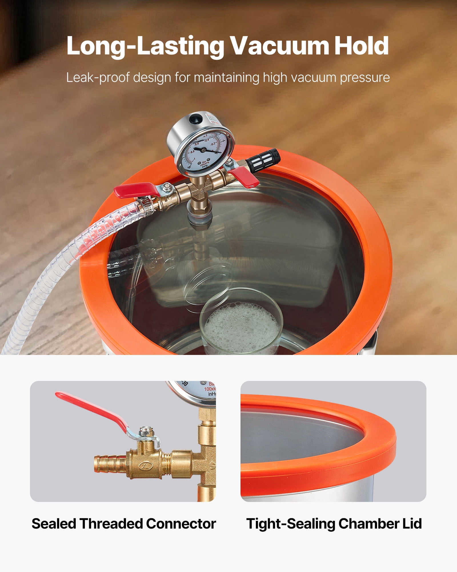 VEVOR 3 Gal Vacuum Chamber with Pump, 3.5 CFM, Stainless Steel Degassing Chamber Kit, Single Stage Vacuum Pump, Tempered Glass Lid, 4.92 ft Hose, Oil, for Stabilizing Wood Degassing Silicone Resin