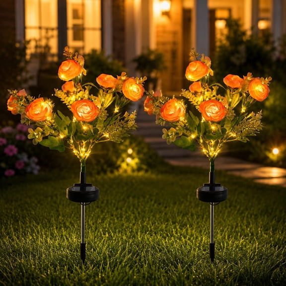 Maspost 7-Head Orange Solar Peony Flower Garden Stake Lights, LED Waterproof Outdoor Decorative Pathway Lights with Auto on/off for Yard Lawn Patio