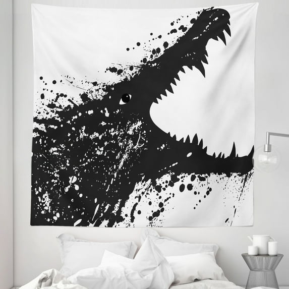 Safari Tapestry, Black and White Crocodile Image with Grunge Drawing Style Attacking River Warrior, Fabric Wall Hanging Decor for Bedroom Living Room Dorm, 5 Sizes, Black White, by Ambesonne