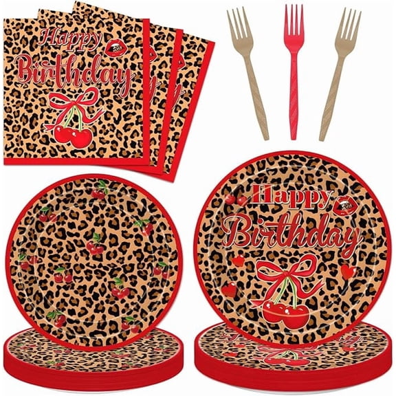 96 Piece Cheetah Cherry Disposable Dinnerware Set