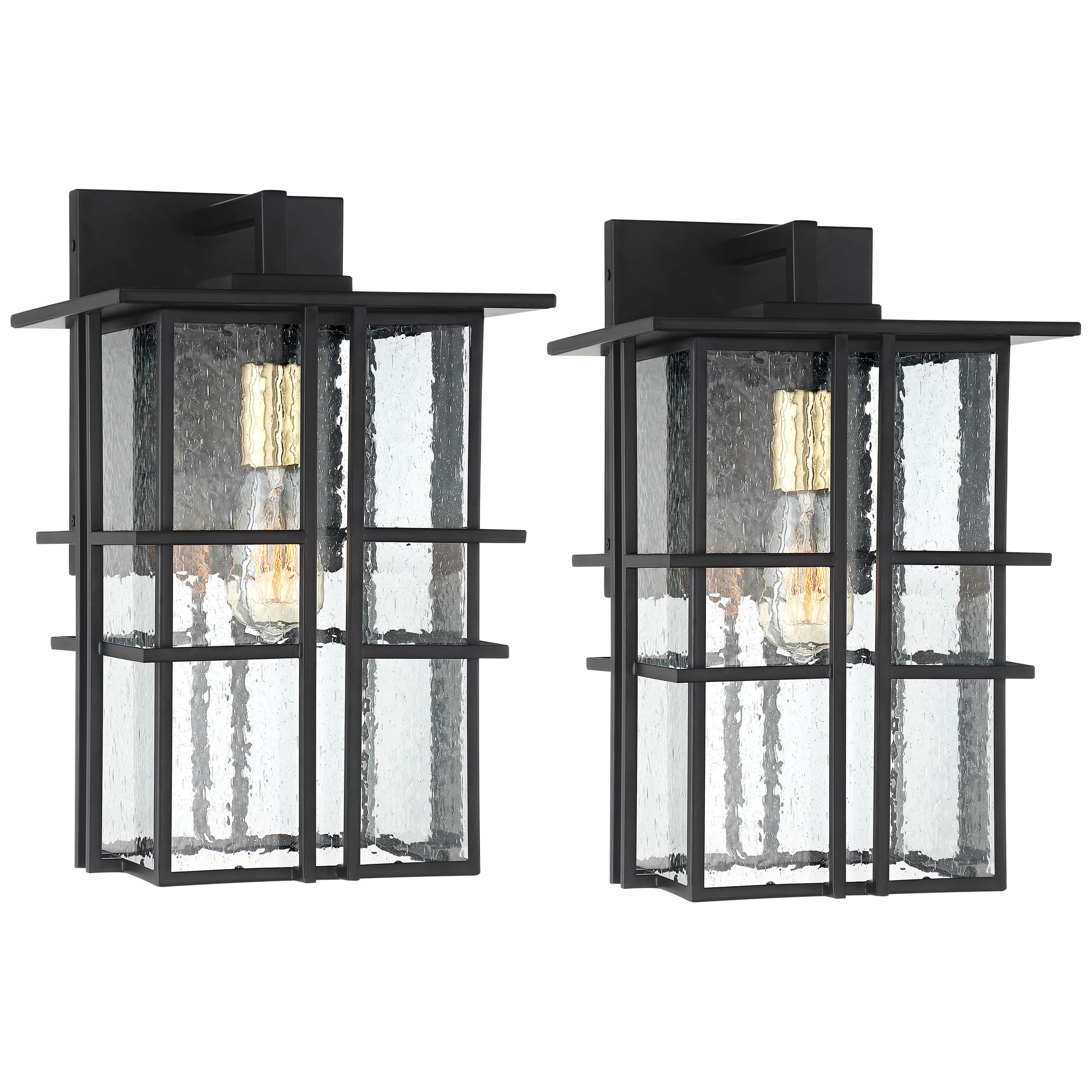 Possini Euro Design Arley Modern Industrial Outdoor Wall Light Fixtures Set of 2 Black 16" Seedy Glass for Post Exterior Barn Deck House