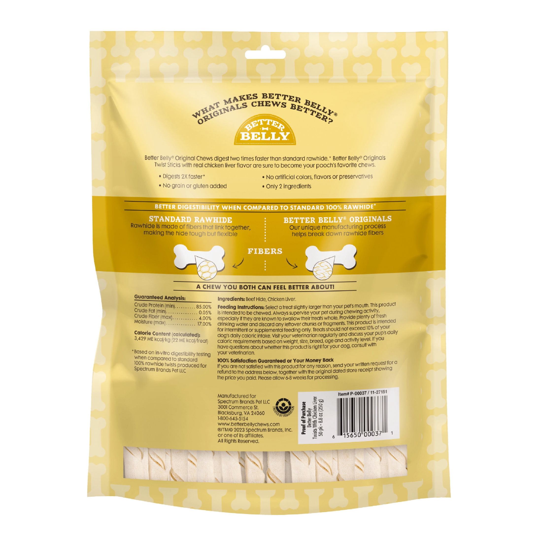 Better Belly Originals Real Chicken Liver Flavor Twist Sticks Chew, Highly Digestible Dog Treat, 50 Count