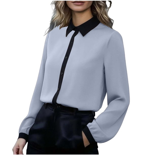 Tops de Manga Larga de las Mujeres Botón Casual Patchwork Up Turndown Collar Blusa Top de Moda de las Mujeres Tops de Manga Larga