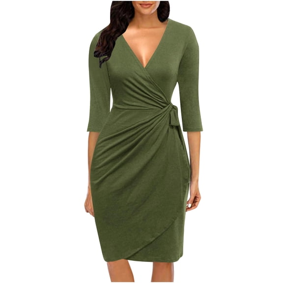 Women's Printing Fashion Casual Spring And Summer-Point Sleeve V-Neck Knee-High Dress