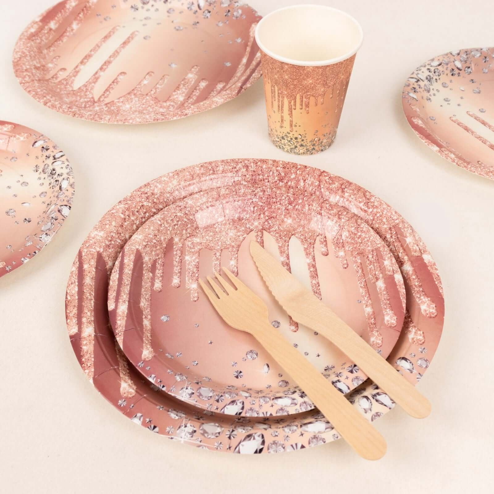 Efavormart 72 Pcs Rose Gold Disposable Party Supplies Kit With Diamonds Glitter Drip Pattern, Paper Plates Cups Tableware Combo Pack