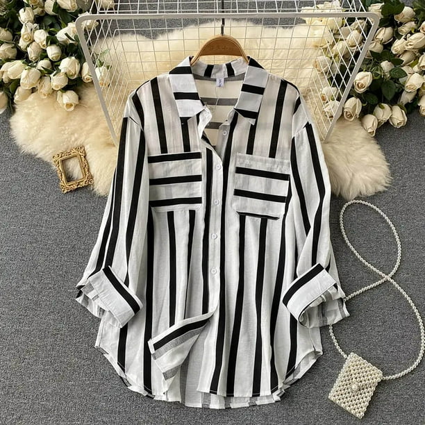 ICHUANYI Clearance Women's Summer Casual Mid-length Vertical Striped Multi-colored Shirt(Black, M) ICHUANYI WER2023080816587