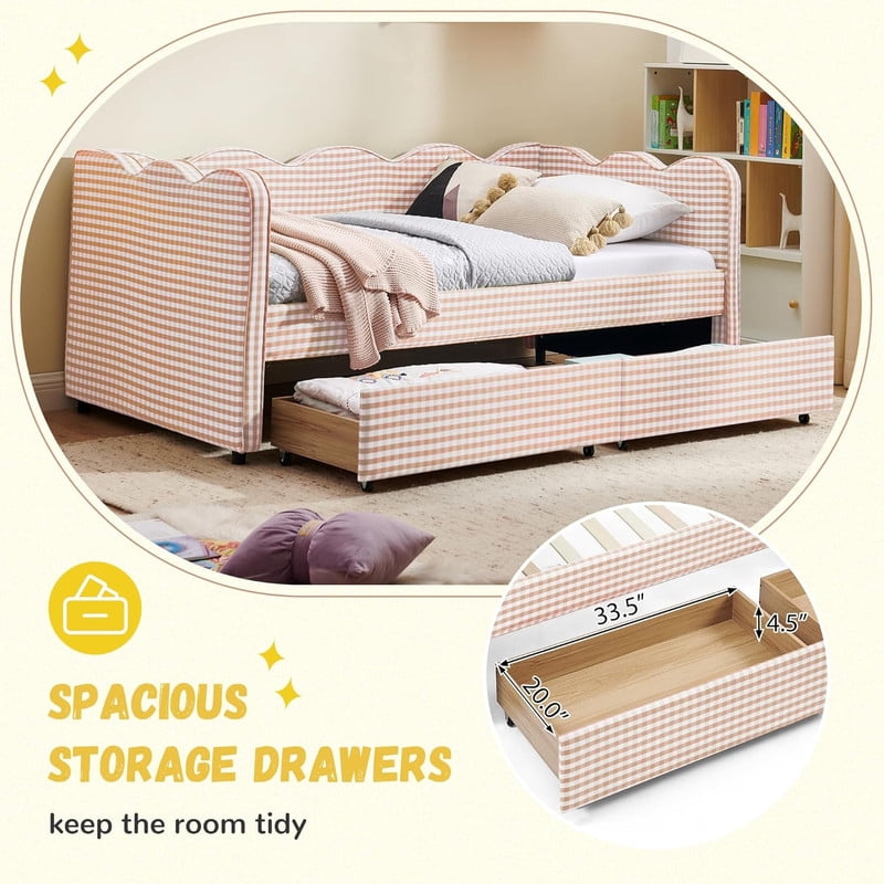 Cozy Full Size Daybed with 2 Storage Drawers and USB Charging Port, Linen Gingham Wave Shaped Sofa Bed for Living Room and Bedroom
