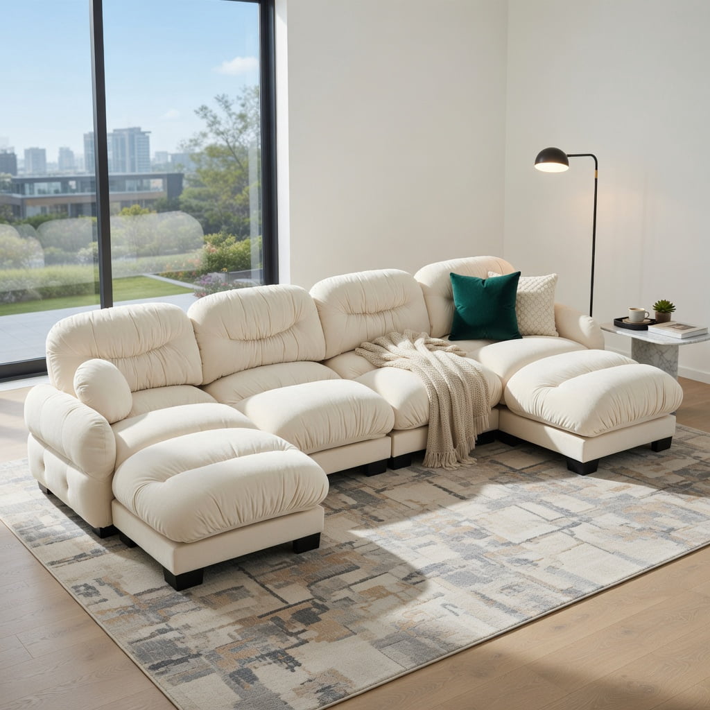 Hommoo Chenille U-Shaped Modular Sectional Sofa with Ergonomic Foam, 4-Seat Pleated Design + 2 Ottomans & 2 Round Throw Pillows, Beige