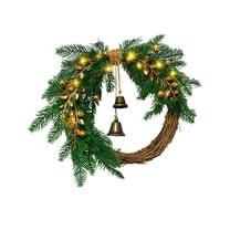chaungfeng Pre-Lit Norfolk Pine Christmas Wreath for Front Door, Artificial Plants Green Christmas Wreath with Lights, Natural Berries, and Bells, Lighted Door Wreath