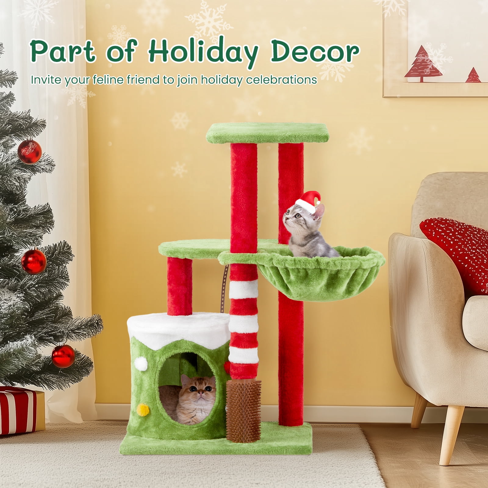 32in Christmas Themed Cat Scratching Post Tower 4-in-1 Holiday Cat Tree with Condo, Hammock Massage Brush Sturdy Anti-Tip Activity Center for Indoor Cats