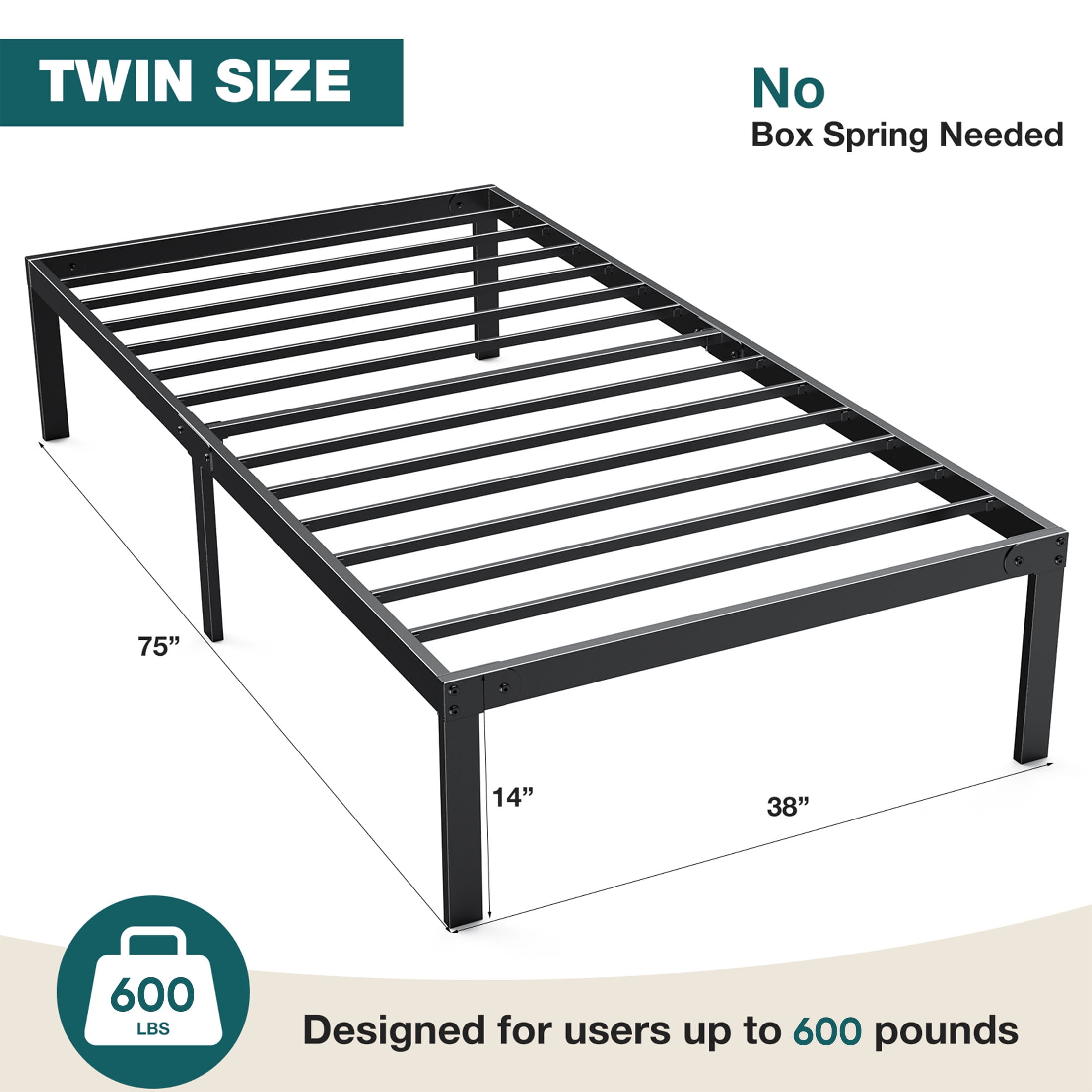 GIANNA Twin Size 14-inch Metal Platform Bed Frame with Under-Bed Storage, Sturdy Steel Construction, No Box Spring Required