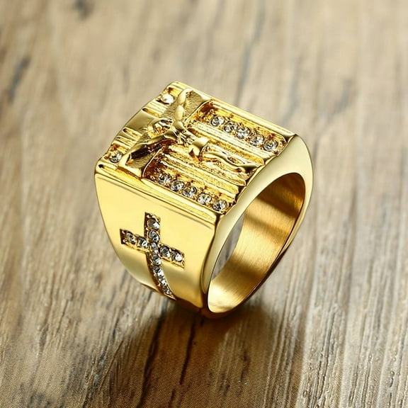 Men's Ring 14K Yellow Gold Jesus Cross High Quality Micro Pave CZ Rings For Men Women Religious Christian Jewelry