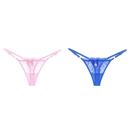 Lojoutye 2 Pack(Pink 1PCS & Blue 1PCS) Multipack Women Sheer Lace Thong Adjustable Waist Bow Mesh Seamless Panties