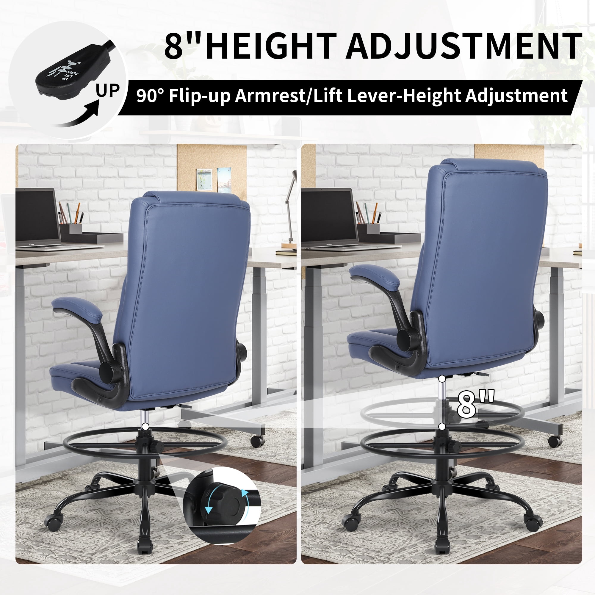 Misolant Drafting Chair, Tall Office Chair for Standing Desk, Standing Desk Chair with Adjustable Height and Flip-up Arm, Leather Drafting Chair, High Office Chair for Counter Height Desk