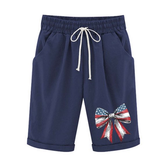 Mitankcoo Women's 4th of July Linen Shorts Summer Casual Drawstring Waist Pockets Short Pant Beach Vacation Outfits