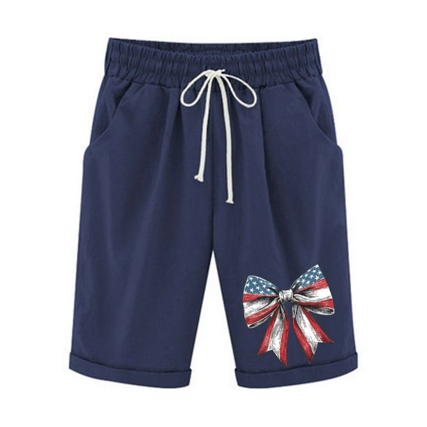 Pantalones Elásticos de la Cintura para las Mujeres Impresos Medias Pantalones Cortos, Bolsillos Casuales Poliéster para Toda la Temporada