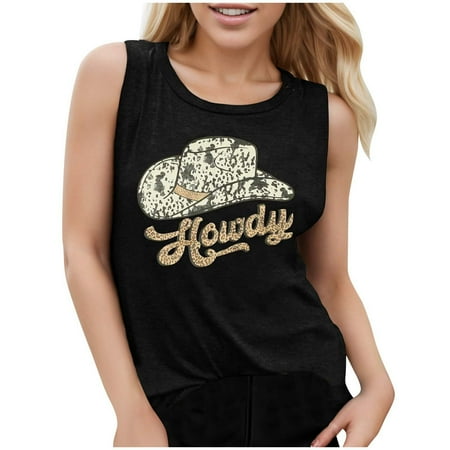 DVKOVI Cute Tops for Women Sports Bra Tops for Women Women s Casual Round Neck Vest Top Country Western Cowboy Sleeveless Blouse Black L