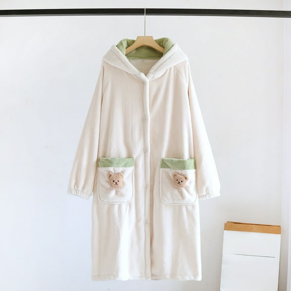 Womens Fleece Robes Long Button up Bathrobe Cute Bear Fall Winter Warm Soft Nightgown with Pockets New Comfy Robes for Women Soft White M