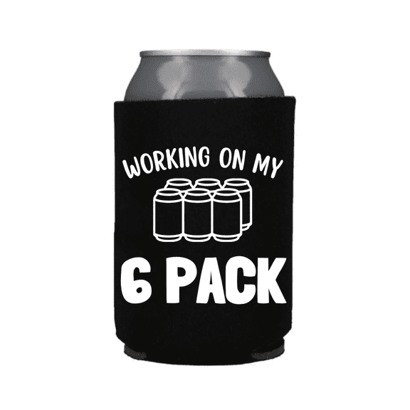Funny Beer Can Cooler, Working On My 6 Pack, Funny Coolies Drink Accessory, Beer Sleeves, Party Gift Favors (Black)