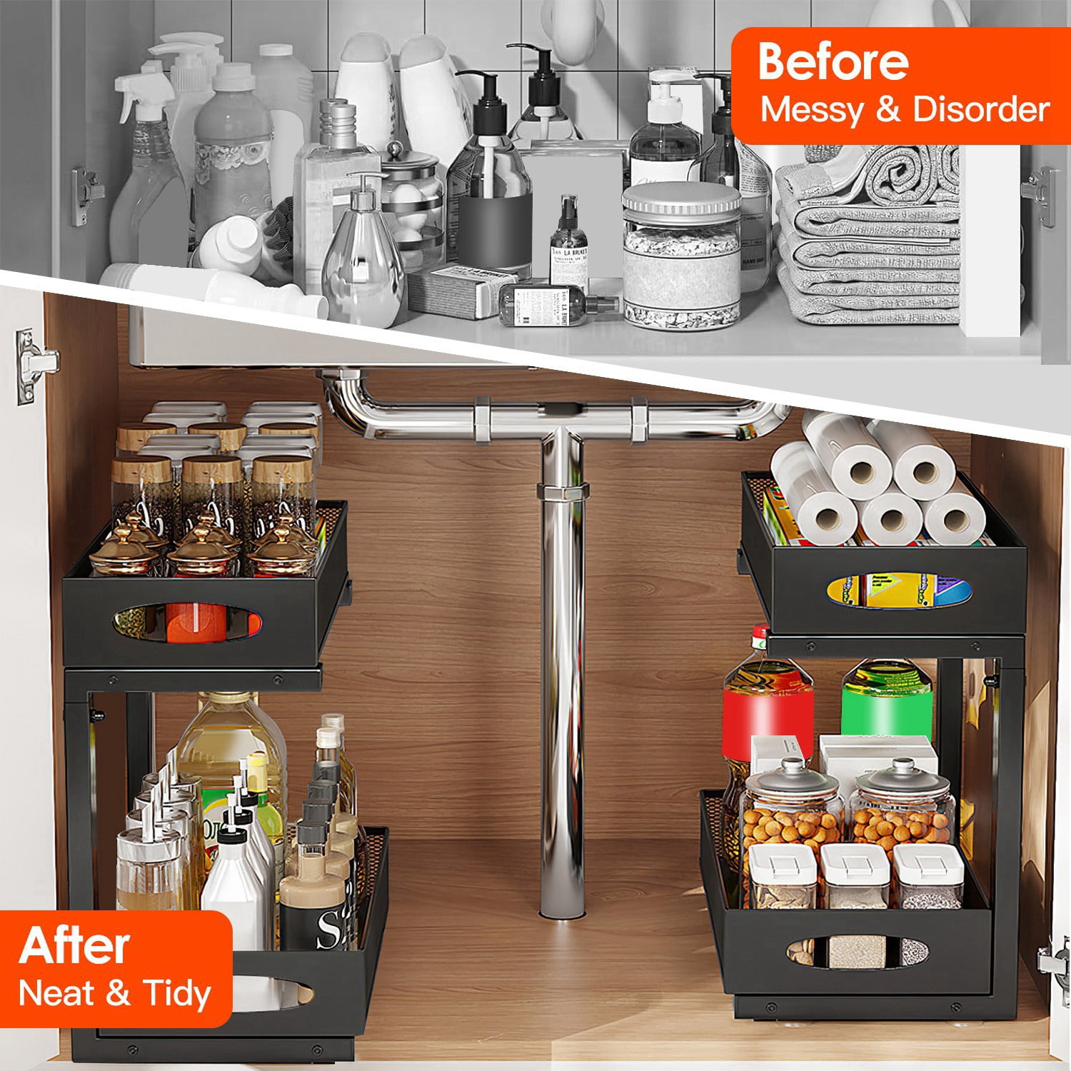Moclever 2Pcs Under Sink Organizer, 2 Tier Pull Out Cabinet Organizer with 5 Adjustable Height Mesh Baskets for Kitchen Bathroom Office, Black