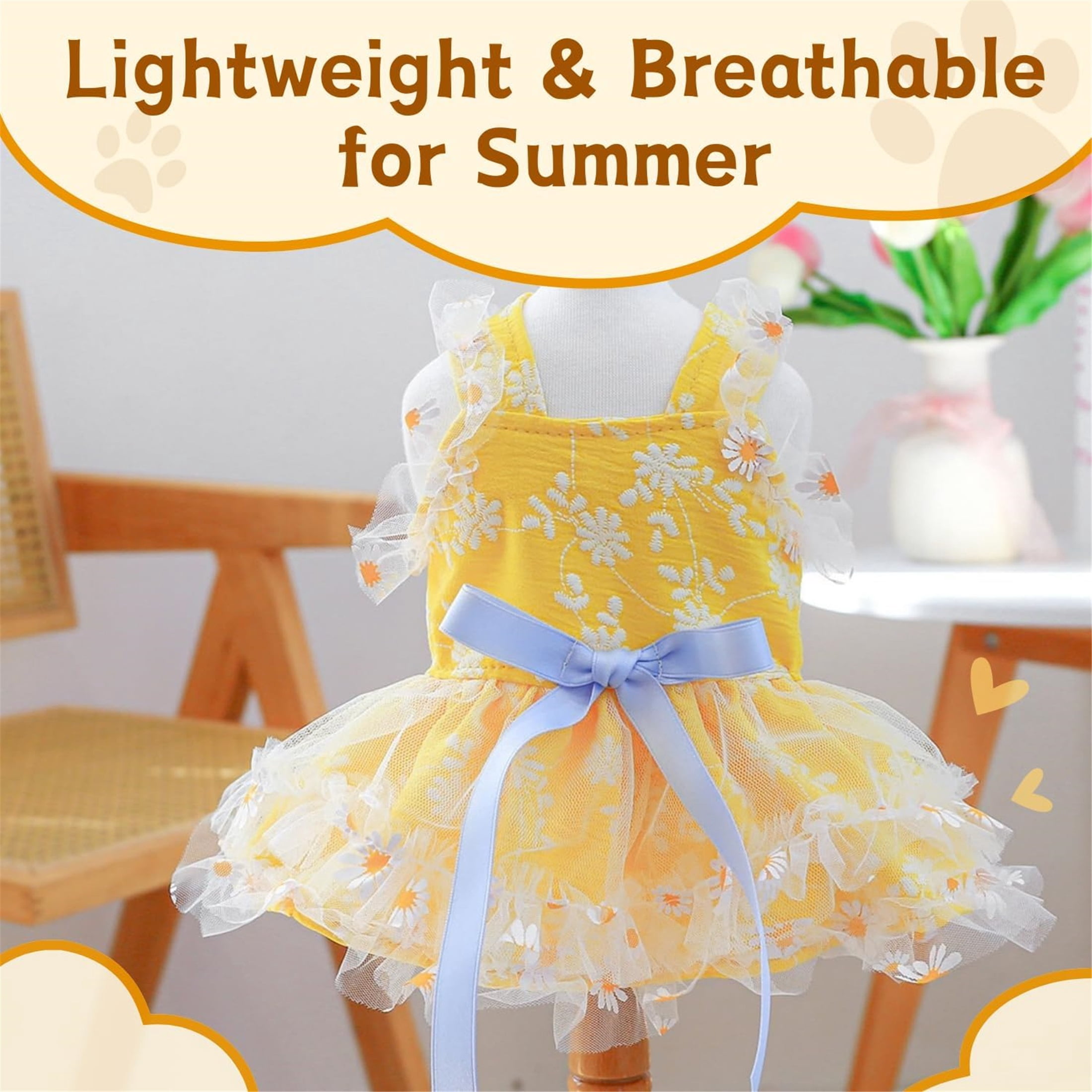 HQREA Yellow Daisy Small Dog Dress Summer Girl Dog Clothes Puppy Outfits for Wedding Birthday Party