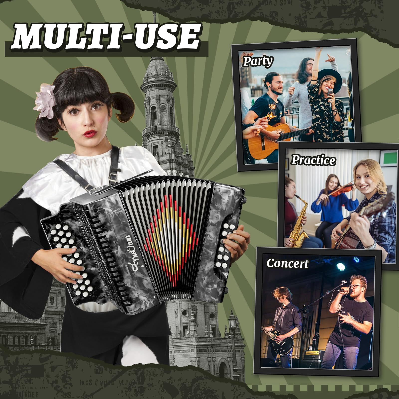 YueChun Accordion, 31 Keys 12 Bass G/C/F Diatonic Button Accordion , Portable Professional Button Accordion with Case (Gray)