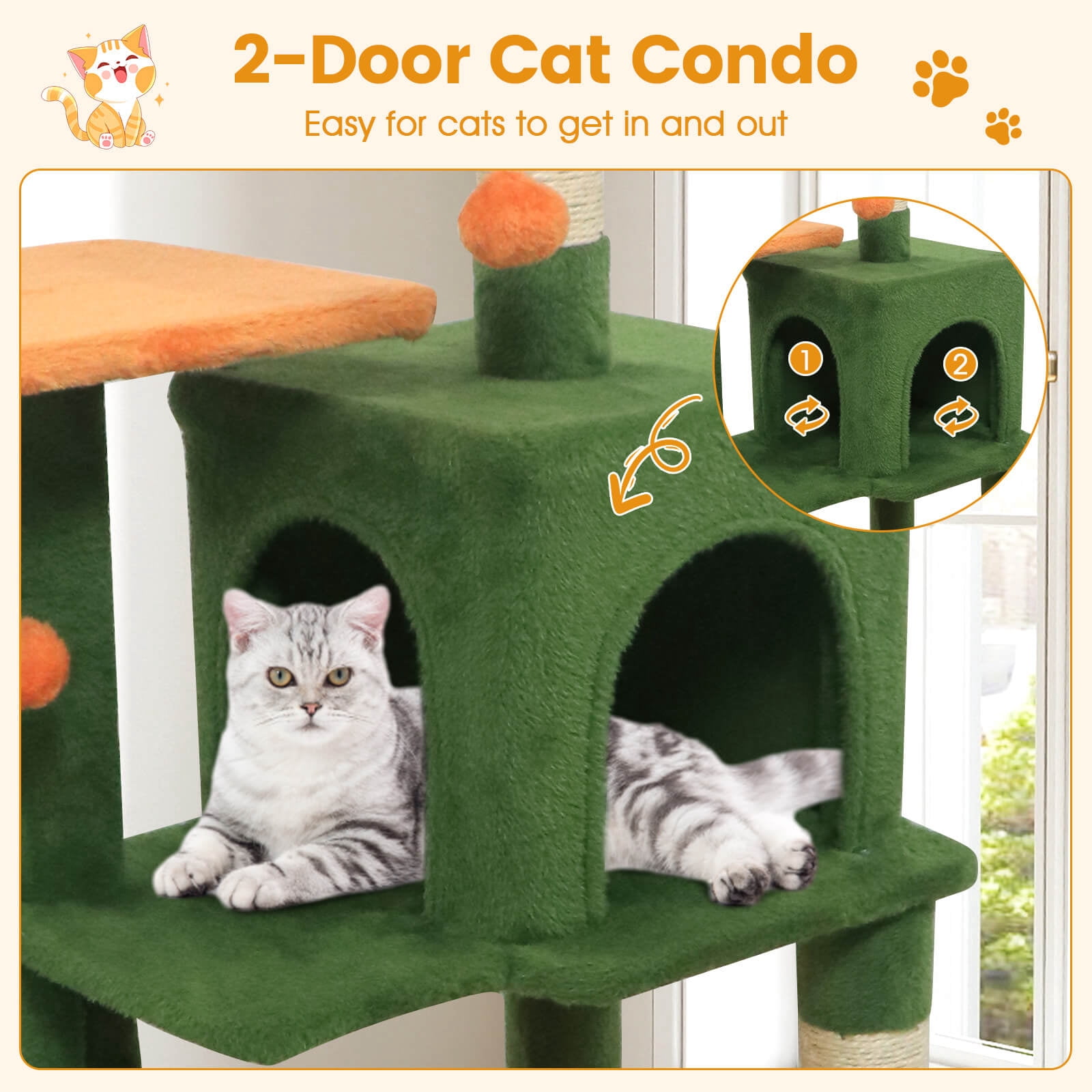 Costway 44” Tall Multi-level Cat Tree, Modern Cat Tower with 2-Entrance Large Cat Condo Green Orange